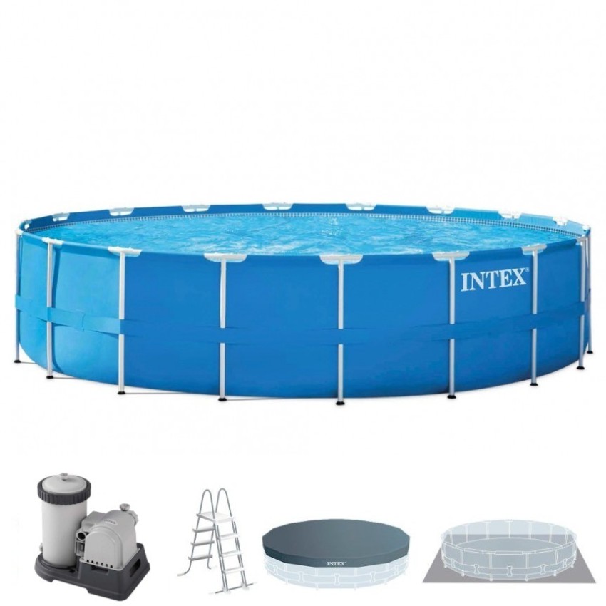Piscina desmontável tubular Intex. Com forma redonda e da linha Metal Frame, tem capacidade para 47.214 litros de água. Inclui b