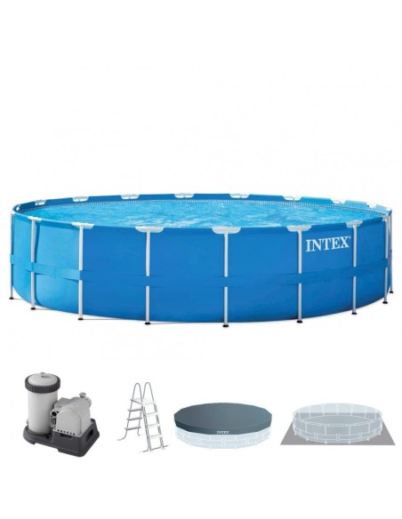 Piscina desmontável tubular Intex. Com forma redonda e da linha Metal Frame, tem capacidade para 47.214 litros de água. Inclui b