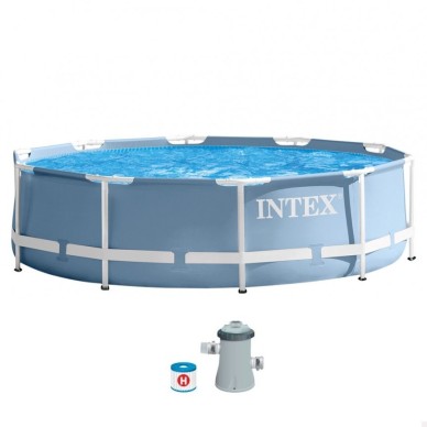 Piscina tubular removível Intex da linha Prisma Frame. Piscina circular de cor azul e estrutura metálica com capacidade para 4.4