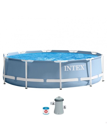 Piscina tubular removível Intex da linha Prisma Frame. Piscina circular de cor azul e estrutura metálica com capacidade para 4.4