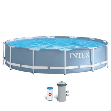 Piscina desmontável tubular Intex da linha Prisma Frame. Piscina circular de cor azul e estrutura metálica com capacidade para 6