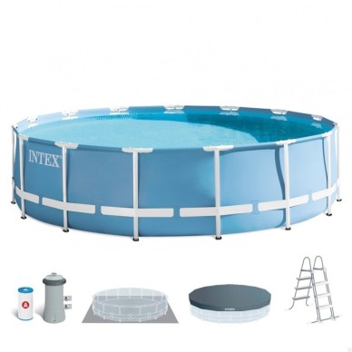 Piscina desmontável tubular Intex da linha Prisma Frame. Piscina circular de cor azul e estrutura metálica com capacidade para 1