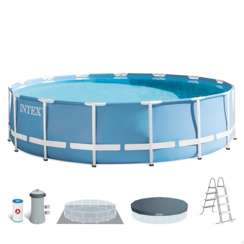 Piscina desmontável tubular Intex da linha Prisma Frame. Piscina circular de cor azul e estrutura metálica com capacidade para 1