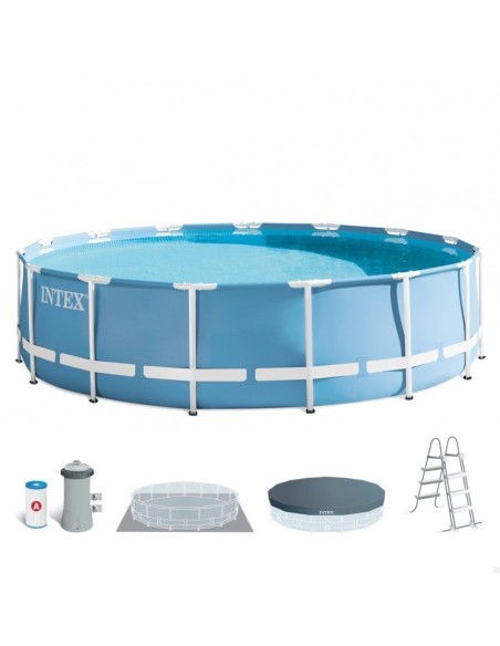 Piscina desmontable tubular Intex de la línea Prisma Frame. Piscina circular de color azul y estructura metálica con capacidad p