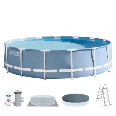Piscina desmontável tubular Intex da linha Prisma Frame. Piscina circular de cor azul e estrutura metálica com capacidade para 1