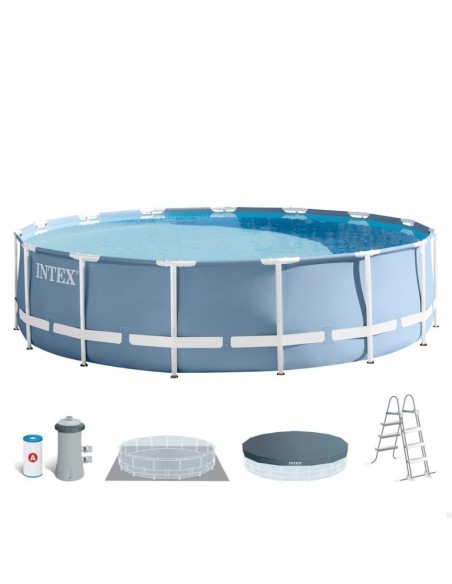 Piscina desmontável tubular Intex da linha Prisma Frame. Piscina circular de cor azul e estrutura metálica com capacidade para 1