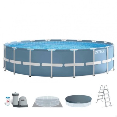 Piscina desmontável tubular Intex da linha Prisma Frame. Piscina circular de cor azul e estrutura metálica com capacidade para 2