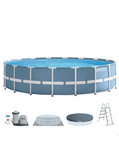 Piscina desmontável tubular Intex da linha Prisma Frame. Piscina circular de cor azul e estrutura metálica com capacidade para 2