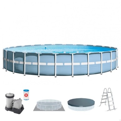 Piscina desmontável tubular Intex da linha Prisma Frame. Piscina circular de cor azul e estrutura metálica com capacidade para 4