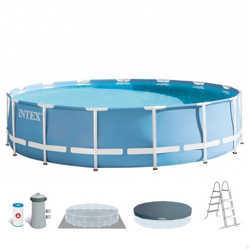 Piscina tubular Intex da linha Prisma Frame. Piscina circular de cor azul e estrutura metálica com capacidade para 11.325 litros
