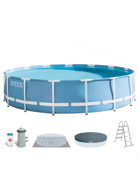 Piscina tubular Intex da linha Prisma Frame. Piscina circular de cor azul e estrutura metálica com capacidade para 11.325 litros