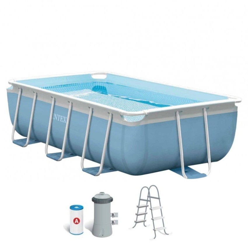 Piscina desmontável tubular Intex. Piscina retangular com lona azul e de estrutura metálica. Da linha Prisma Frame, tem capacida