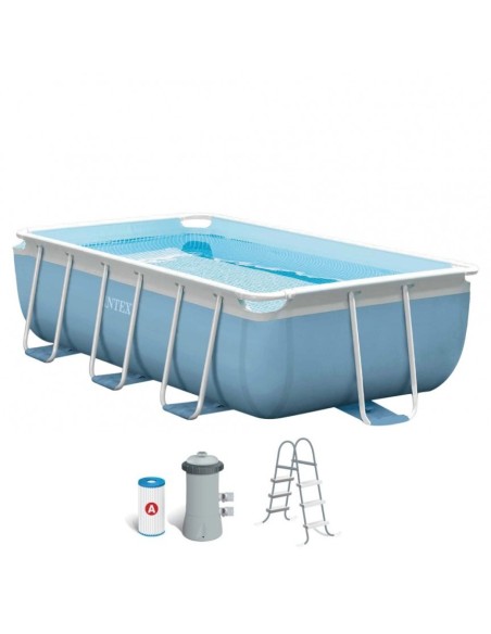 Piscina desmontável tubular Intex. Piscina retangular com lona azul e de estrutura metálica. Da linha Prisma Frame, tem capacida