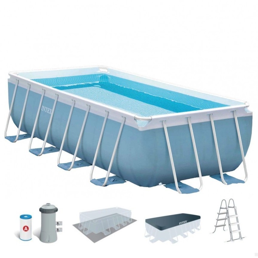 Piscina tubular Intex da linha Prisma Frame. Piscina retangular de cor azul e estrutura metálica com capacidade para 10.874 litr