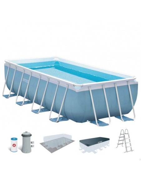 Piscina tubular Intex da linha Prisma Frame. Piscina retangular de cor azul e estrutura metálica com capacidade para 10.874 litr