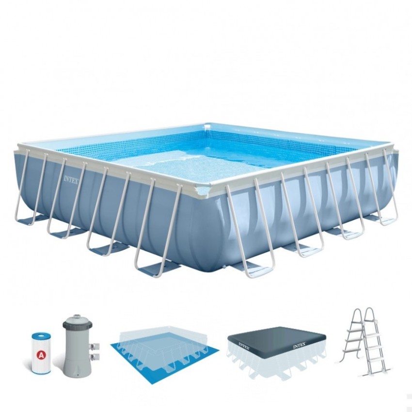 Piscina tubular Intex da linha Prisma Frame. Piscina quadrara de cor azul e estrutura metálica com capacidade para 16.700 litros