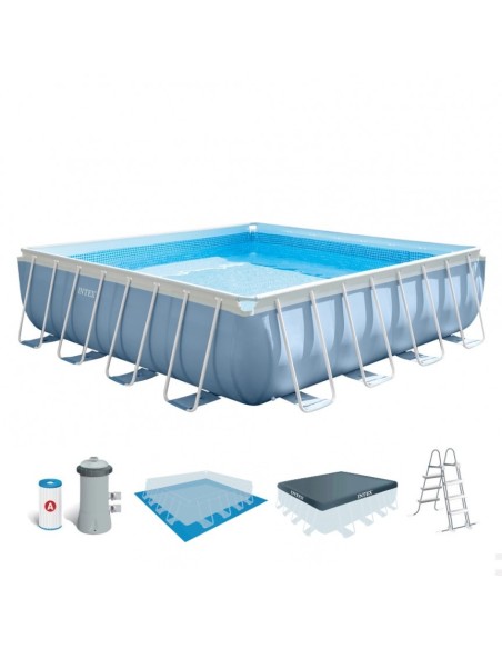Piscina tubular Intex da linha Prisma Frame. Piscina quadrara de cor azul e estrutura metálica com capacidade para 16.700 litros
