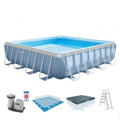 Piscina tubular Intex da linha Prisma Frame. Piscina quadrada de cor azul e estrutura metálica com uma capacidade para 25.000 li