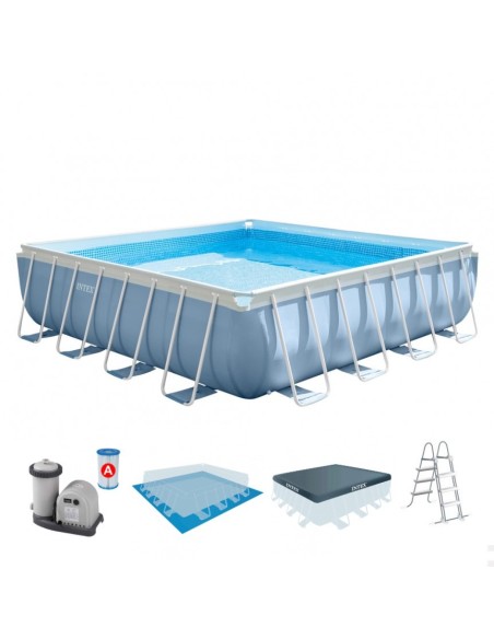 Piscina tubular Intex da linha Prisma Frame. Piscina quadrada de cor azul e estrutura metálica com uma capacidade para 25.000 li