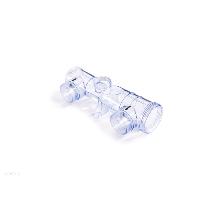 Tubo de plástico transparente onde se aloja a célula eletrolítica, o sensor de fluxo e o eletrodo de cobre no sistema de cloraçã