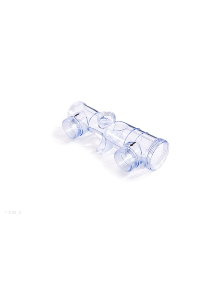 Tubo de plástico transparente onde se aloja a célula eletrolítica, o sensor de fluxo e o eletrodo de cobre no sistema de cloraçã
