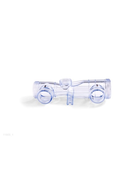 Tubo de plástico transparente onde se aloja a célula eletrolítica, o sensor de fluxo e o eletrodo de cobre no sistema de cloraçã