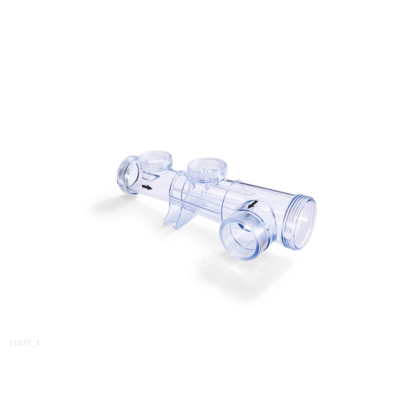 Tubo de plástico transparente donde se aloja la celula electrolítica, el sensor de flujo y el electrodo de cobre en los sistemas