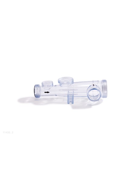 Tubo de plástico transparente donde se aloja la celula electrolítica, el sensor de flujo y el electrodo de cobre en los sistemas