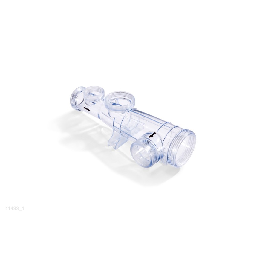 Tubo de plástico transparente donde se aloja la celula electrolítica, el sensor de flujo y el electrodo de cobre en los sistemas