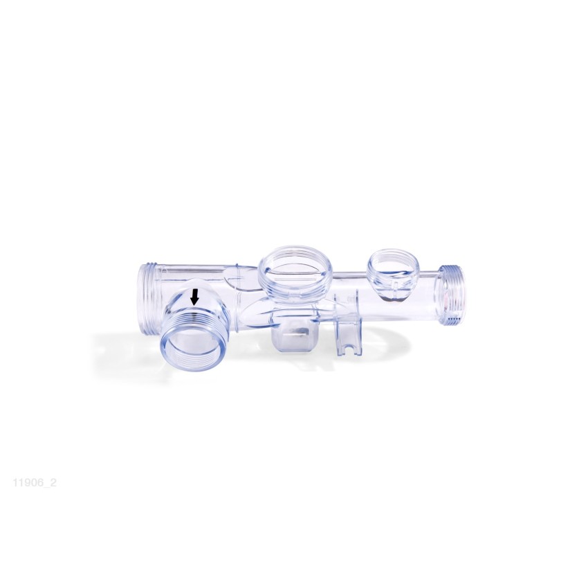 Tubo de plástico transparente onde se aloja a célula eletrolítica, o sensor de fluxo e o eletrodo de cobre no combo de cartucho