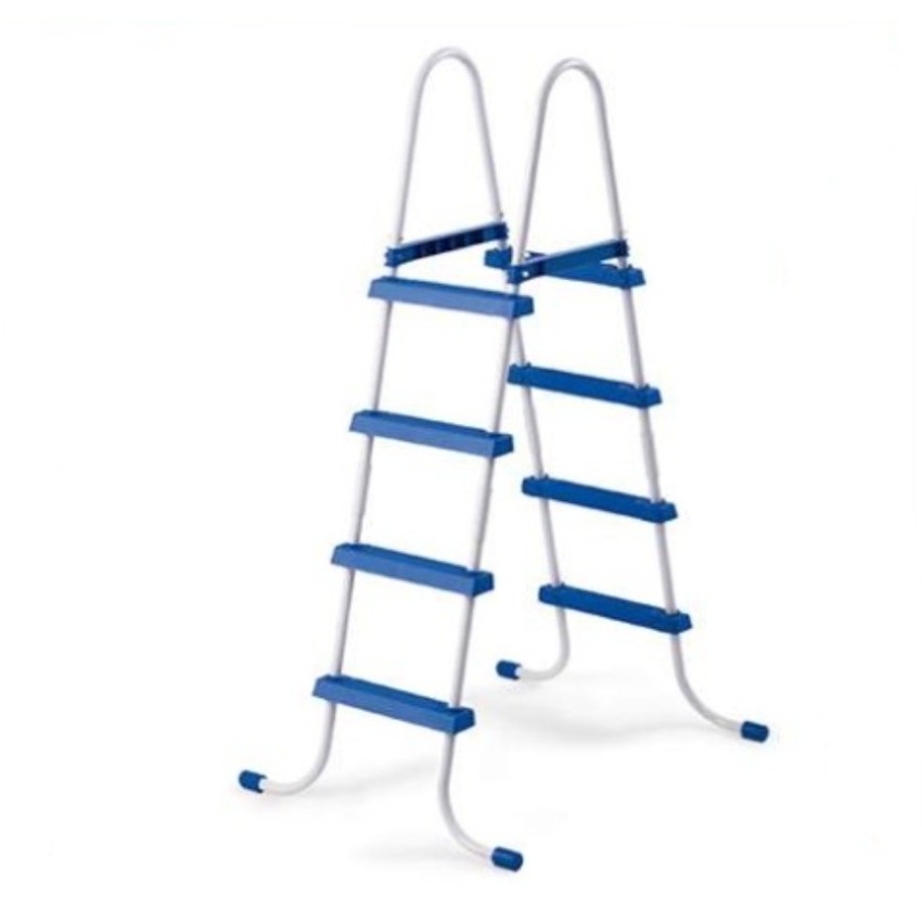 Escalera Intex de estructura de acero recubierto. Tiene 4 peldaños de color azul, resistentes y con sistema de reforzado. Escale