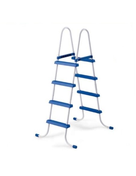 Escada Intex de estrutura de aço recoberto. Tem 4 pedais de cor azul, resistente e com sistema de reforço. Escada de fácil motag
