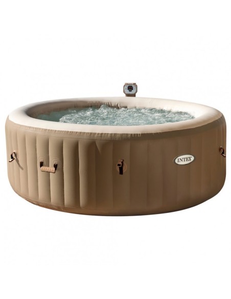 Spa hinchable Intex. De color crema y fabricado con PVC laminado tiene sistema de burbujas producidas por 120 salidas de aire a