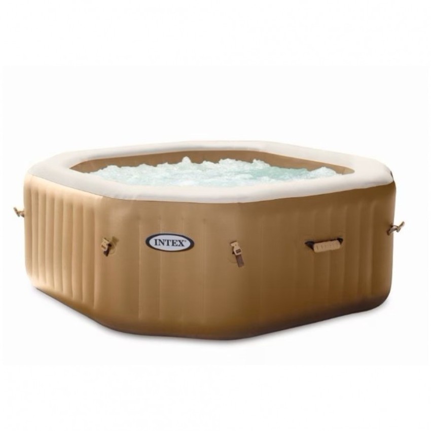 Spa hinchable Intex fabricado con PVC laminado. Sistema de burbujas producidas por 120 salidas de aire a presión. Incluye cubier