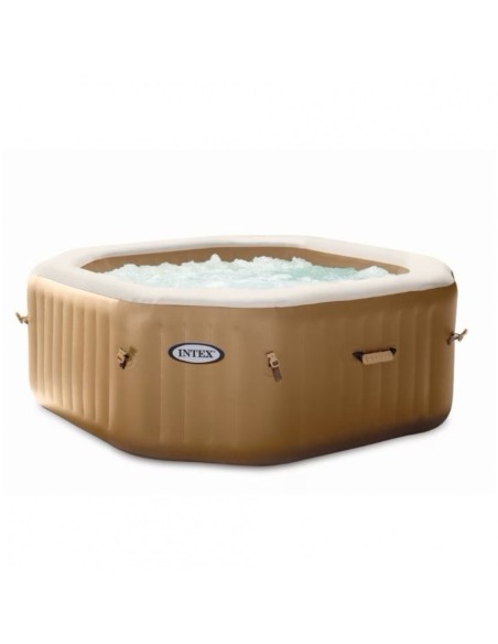 Spa hinchable Intex fabricado con PVC laminado. Sistema de burbujas producidas por 120 salidas de aire a presión. Incluye cubier