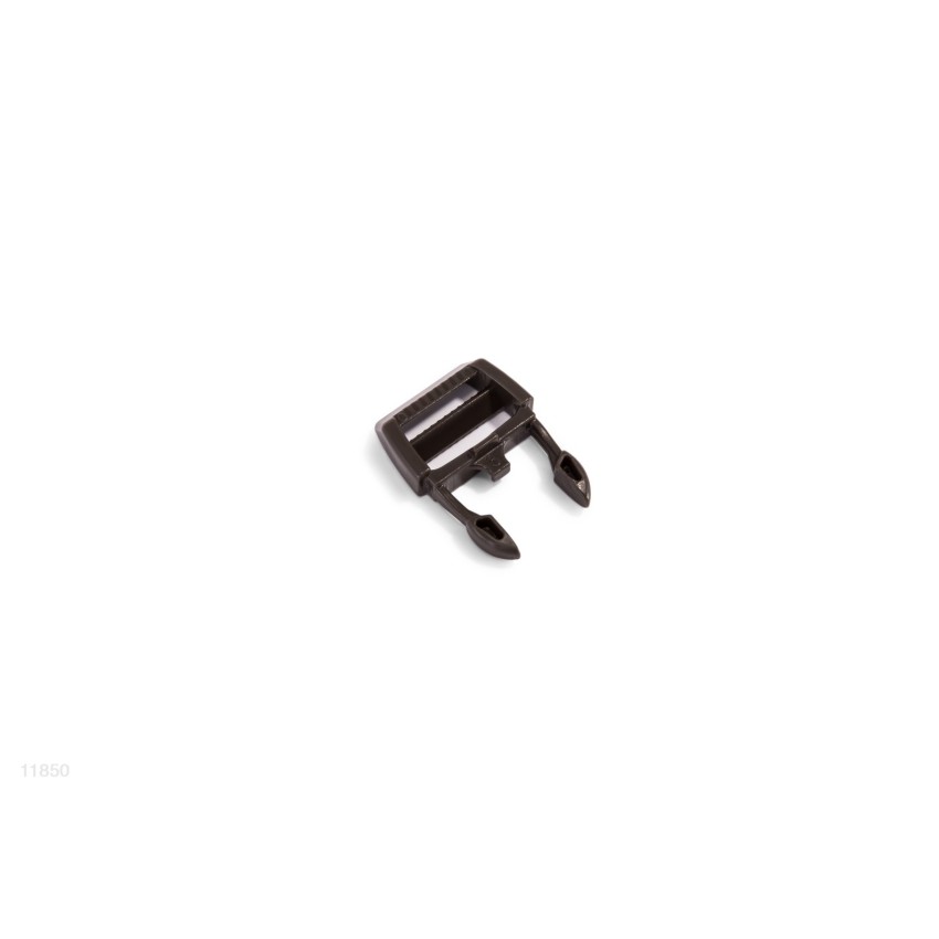 Peça de plástico utilizada como macho do fecho de segurança da cobertura dos Pure Spa, de cor castanho chocolate.