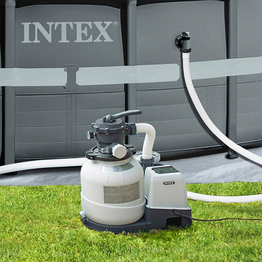 Bomba de areia INTEX com capacidade de filtragem 12.000 litros/hora e função de programação. Adequada para piscinas elevadas até