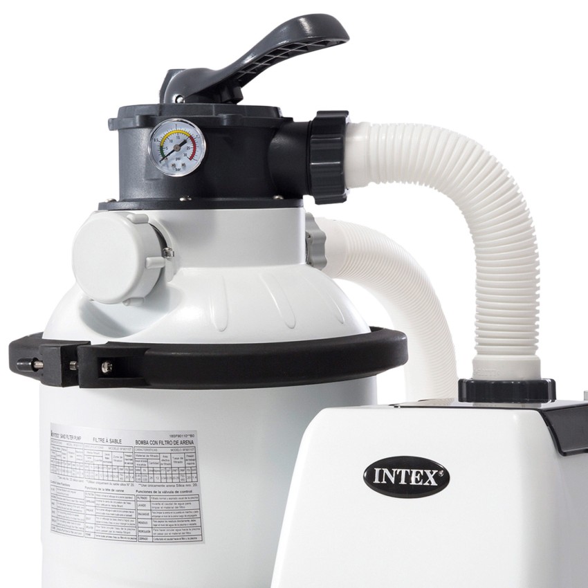 Bomba de areia INTEX Krystal Clear com capacidade de filtragem 4.500 litros/hora, função de programação e pré-filtro. Adequada p