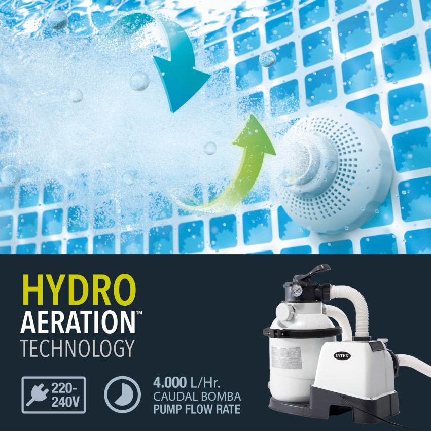 Bomba de areia INTEX Krystal Clear com capacidade de filtragem 4.500 litros/hora, função de programação e pré-filtro. Adequada p