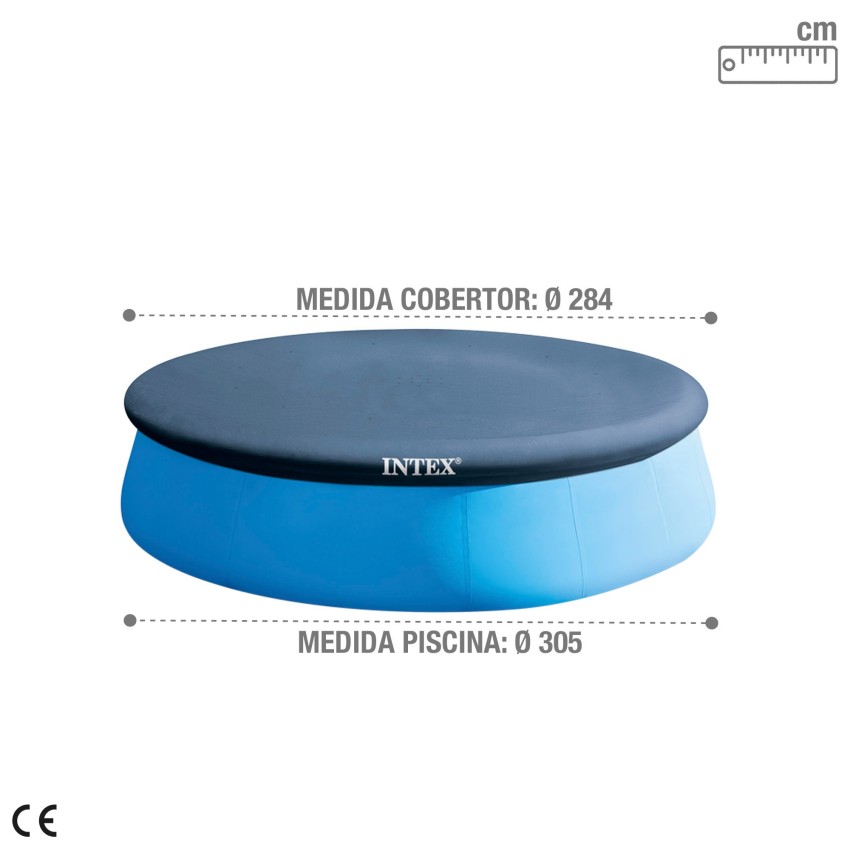 Cobertura INTEX de 284 cm exclusiva para piscinas Easy Set de 305 cm de diâmetro. Fabricada com vinil resistente de 18 mm, possu